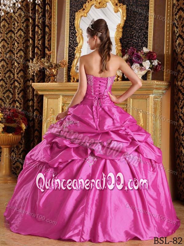 Fuchsia Ball Gown Appliques Pick-ups Quinceanera Gown in Taffeta