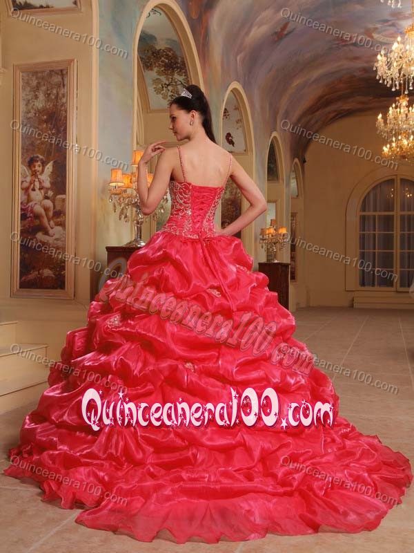 2014 Coral Red Straps Appliques Dress for a Quince with Pick-ups