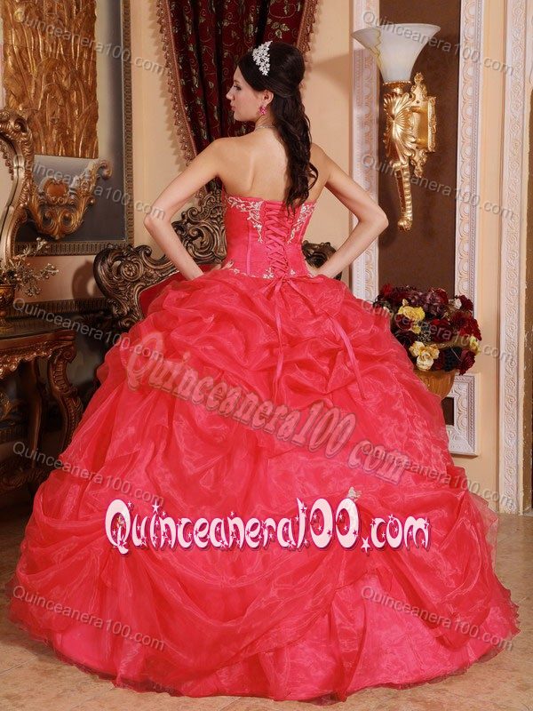 Top Coral Red Organza Pick-ups Dress for Quince with Appliques