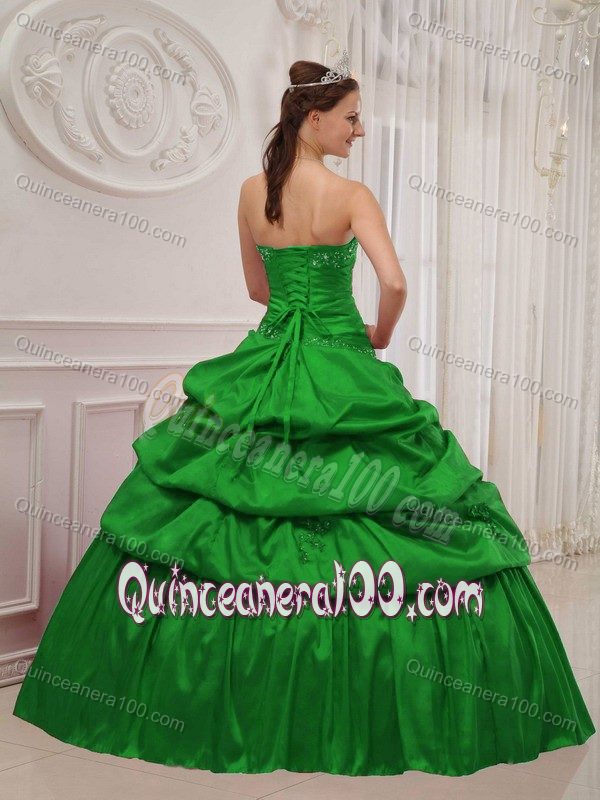 Green Strapless Taffeta Appliques Quinceanera Dresses on Discount