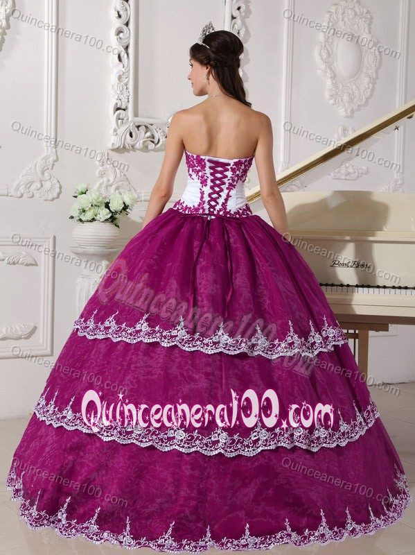 Fuchsia Strapless Appliques Organza Quinceanera Dress Wholesale