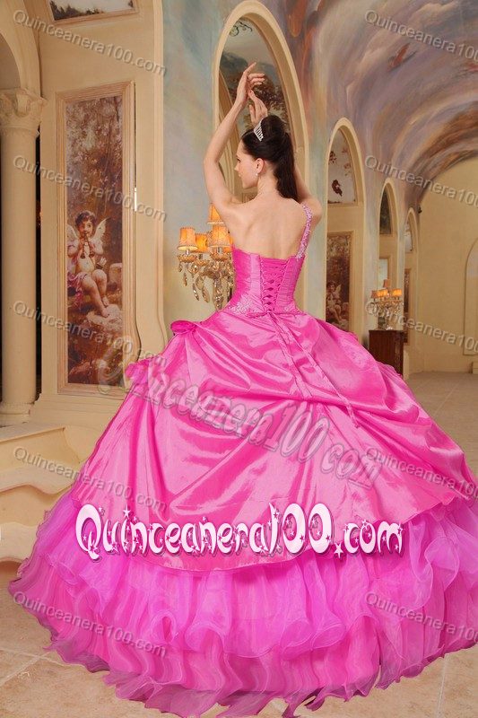 New One Shoulder Appliques Bodice Dress for a Quince in Hot Pink