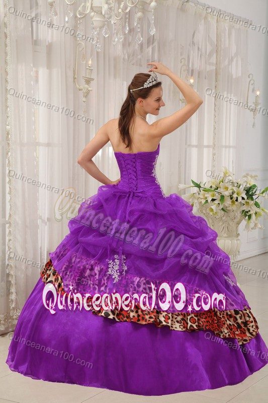 Leopard Print Appliques Purple Sweet Sixteen Dress with Pick-ups