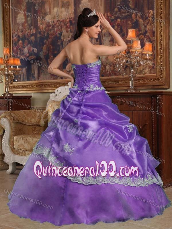 Purple Organza Ruche Dresses Quinceanera with Appliques Decorate