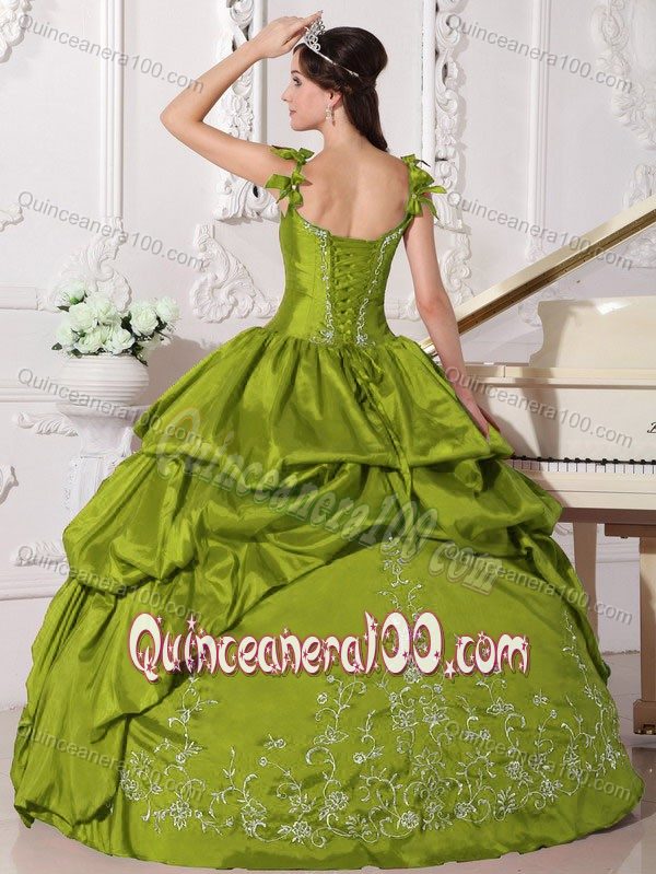 Straps Embroidery Quinceanera Dress with Pick-ups in Olive Green