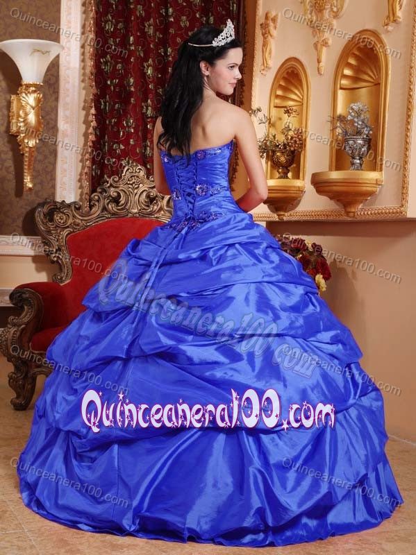 Classic Blue Sweetheart Appliques Sweet 15 Dresses with Pick-ups