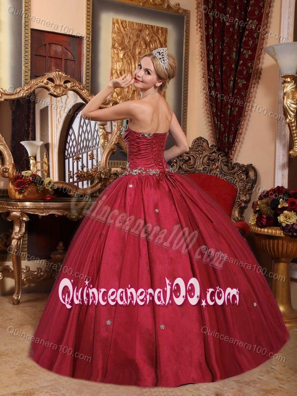 Tulle Wine Red Ball Gown Appliques La Quinceanera Dress in Style