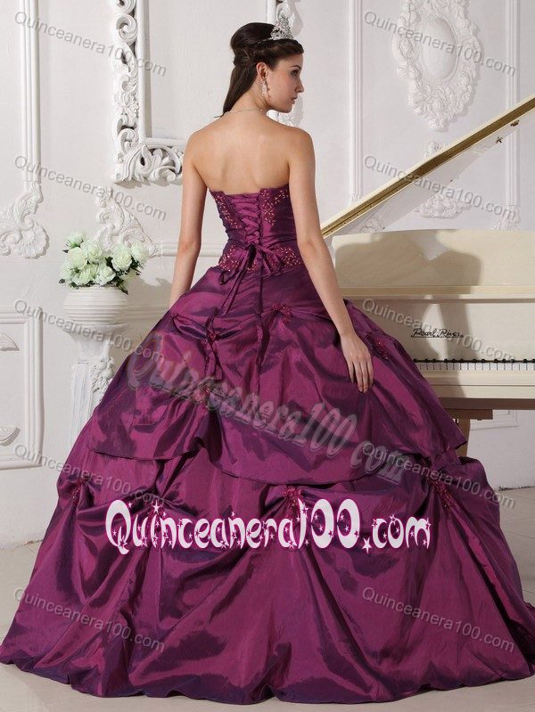 Dark Purple Sweetheart Pick-ups Quinceanera Gown with Appliques