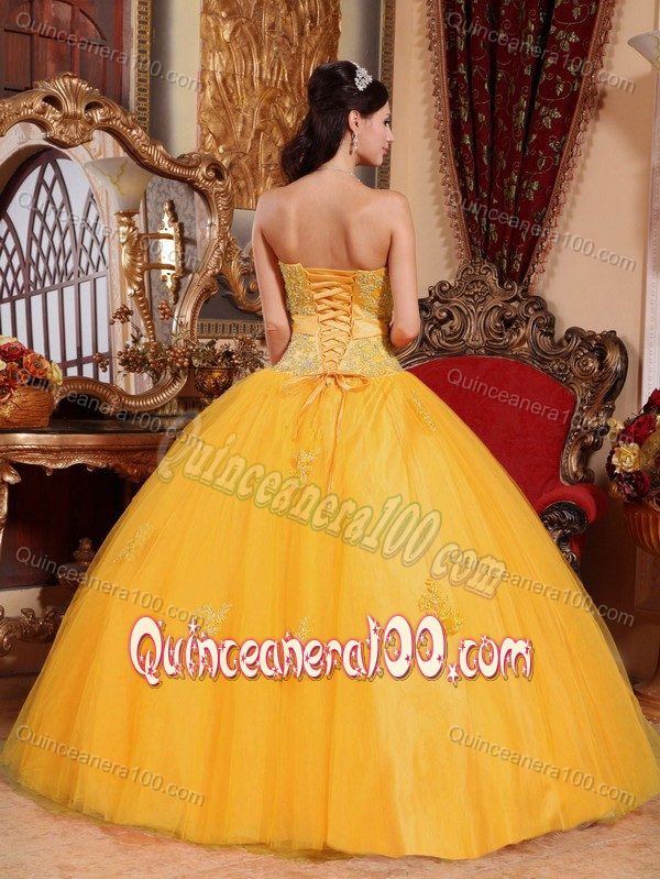 Attractive Gold Tulle Sweetheart Sweet Sixteen Dress with Appliques