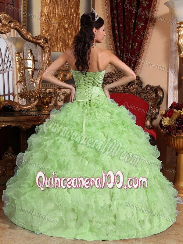 Beaded and Ruched Bodice Ruffles Sweet 16 Dress in Yellow Green