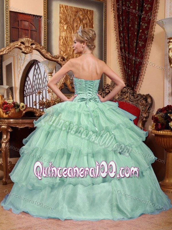 Apple Green Strapless Appliques Quince Dress with Ruffled Layers