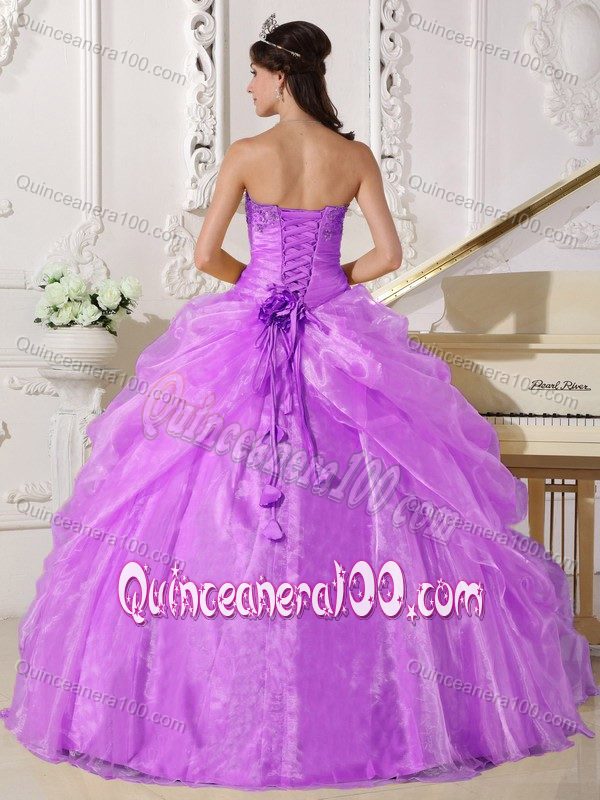 Lavender Appliques Organza Quince Dress with Hand Made Flower