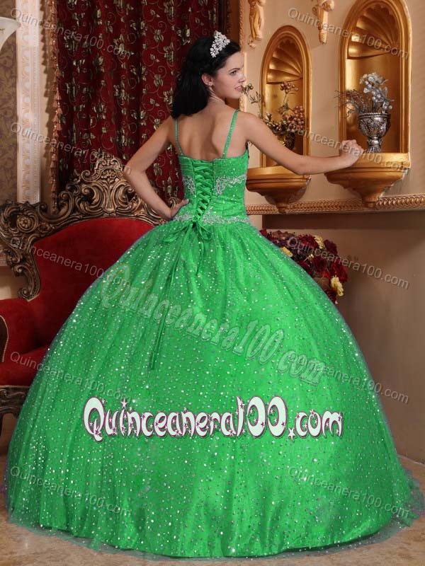 Shimmery Beaded Green Quinceanera Dress with Spaghetti Straps