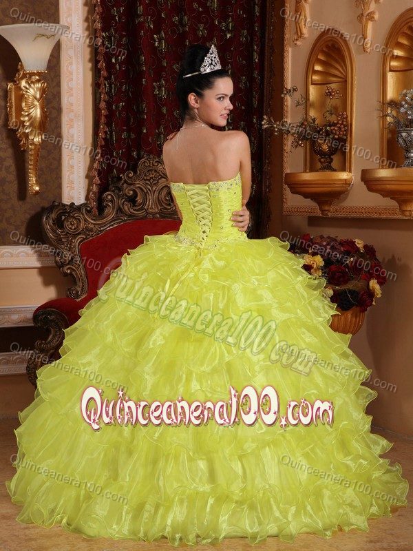 Light Yellow Ball Gown Strapless Beaded Ruffled Quinces Dress