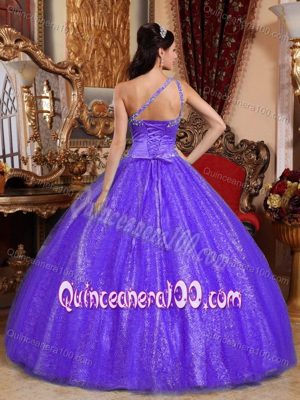 Purple Ball Gown one Shoulder Beaded Sweet Sixteen Dresses