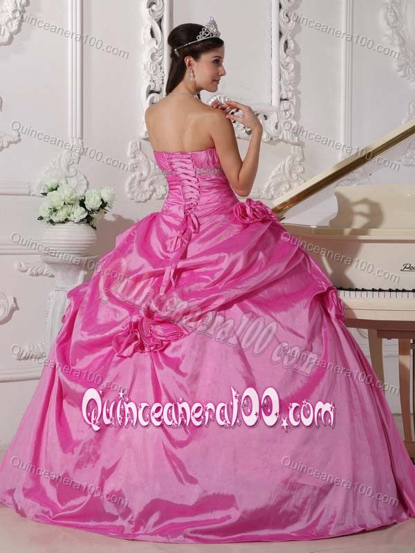 Plus Size Rose Pink Beaded Ruched Sweet 16 Dress with Flowers