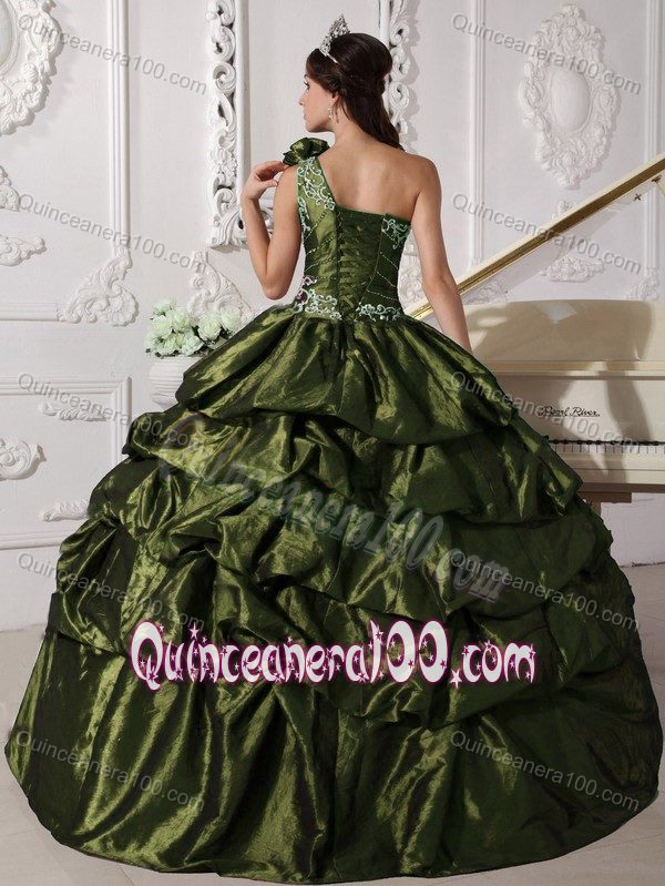 Customized one Shoulder Pick Ups Olive Green Dress for Quince