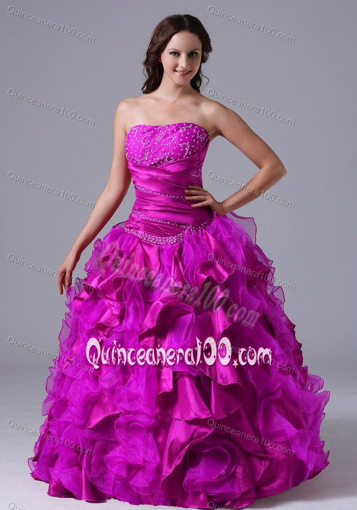 Wholesale Fuchsia Ruffled Beaded Dresses for a Quinceanera