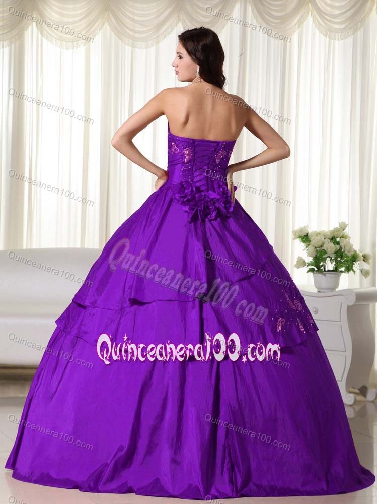 Affordable Flowers Appliqued Purple Strapless Quinceanera Dress