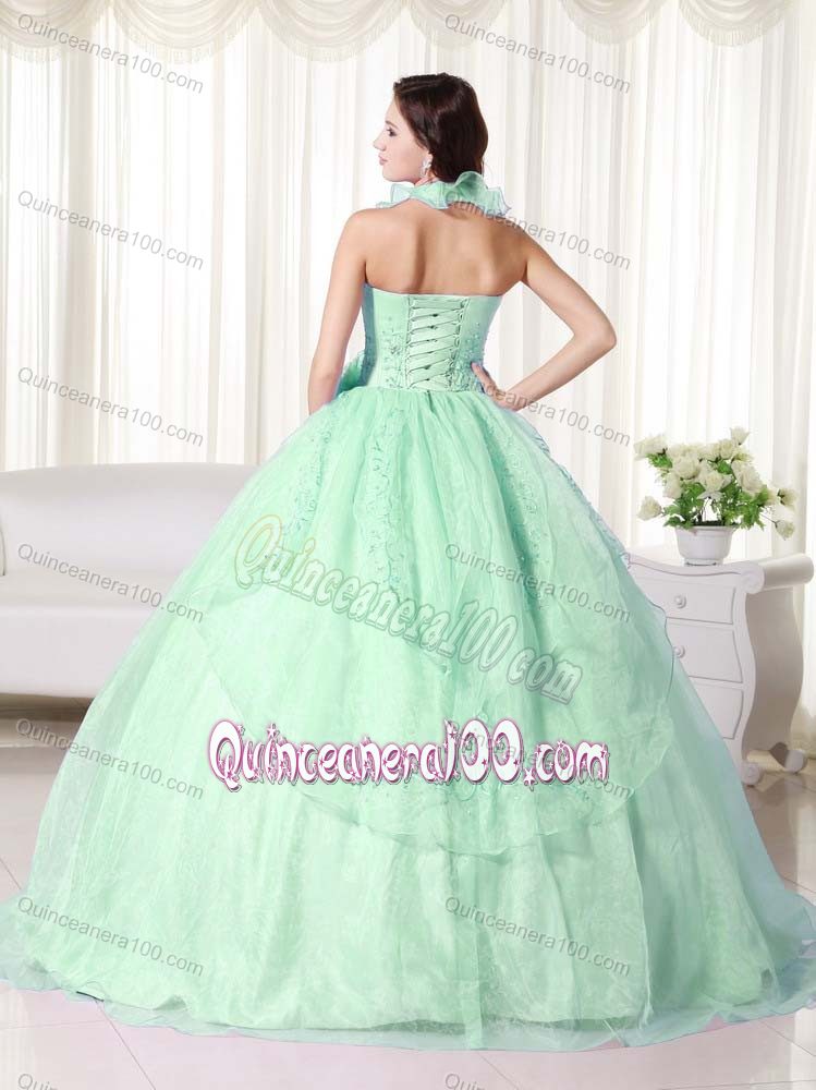 Apple Green Quince Dress with Flounced Halter and Embroidery