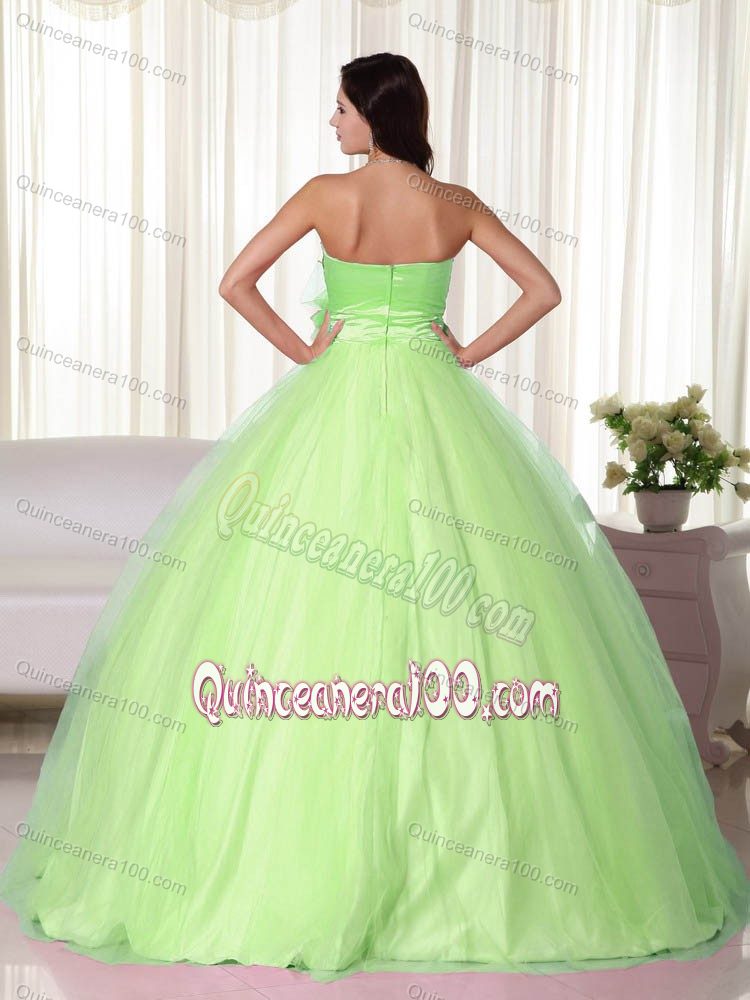 New Apple Green Ruched Quinceanera Gown Dress with Flowers