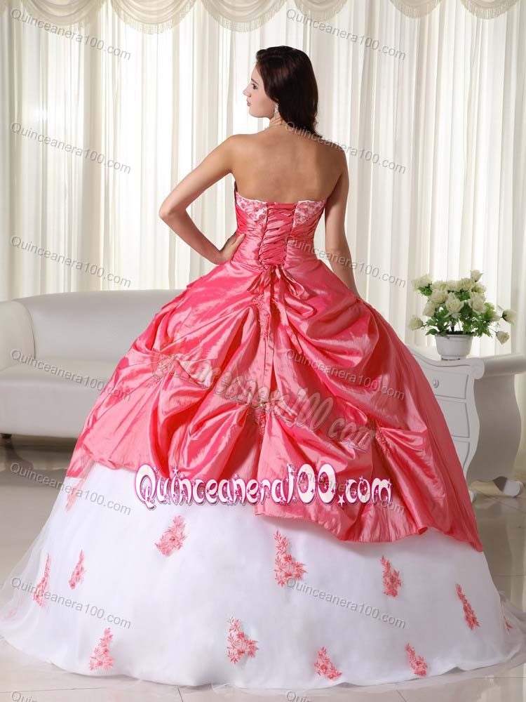 Watermelon and White Quinceanera Dresses with Appliques