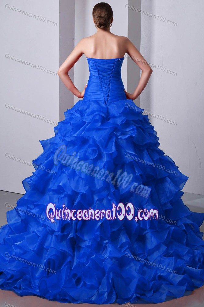 Special Customized Sweetheart Brush Train Blue Sweet 15 Dress with Ruffles Beading