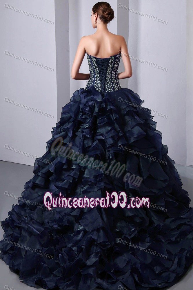 2012 Popular Rhinestones Ruffled Navy Blue Sweet 16 Dress