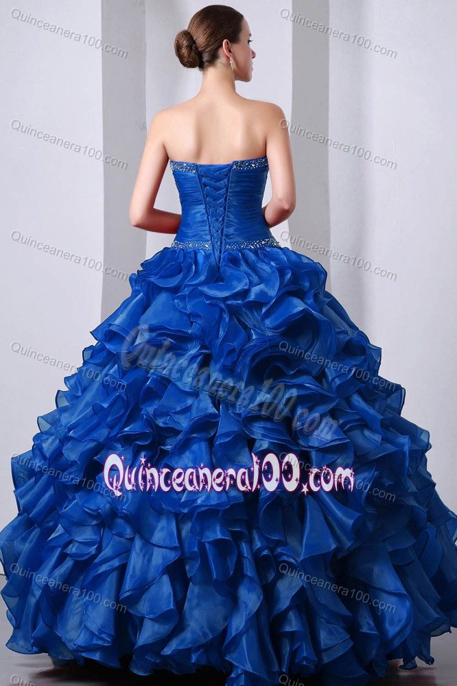 Hot Sale Ruffled Beaded Blue Quinceanera Dress for 2014 Spring