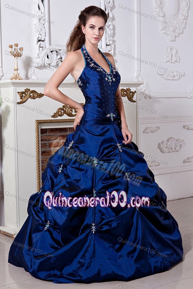 Fast Shipping Appliqued Halter Top Royal Blue Sweet 15 Dresses