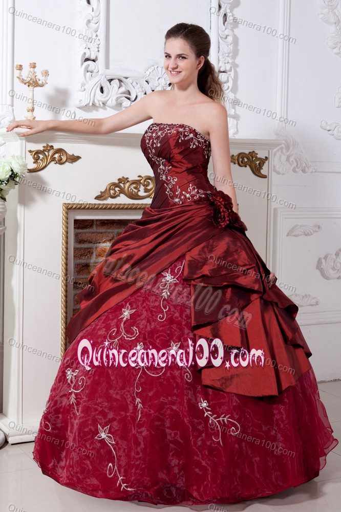 Ball Gown Strapless Embroidery Wine Red Quinceanera Dress