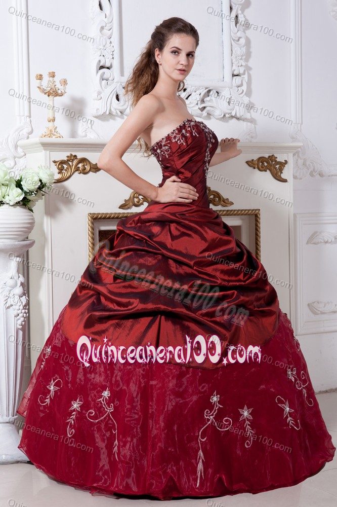 Ball Gown Strapless Embroidery Wine Red Quinceanera Dress