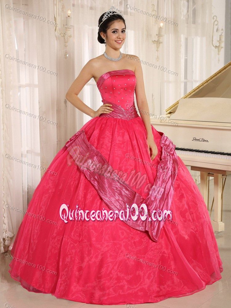 Plus Size Strapless Beaded Coral Red Dress for Quinceanera