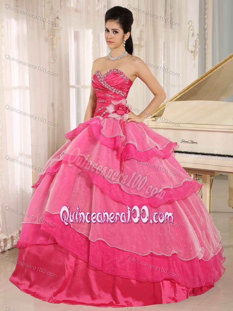 Taffeta Organza Beaded Ruffled Hot Pink Quinceanera Gowns