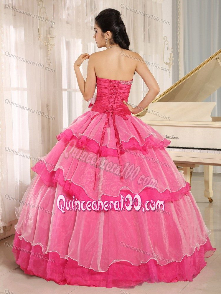 Taffeta Organza Beaded Ruffled Hot Pink Quinceanera Gowns