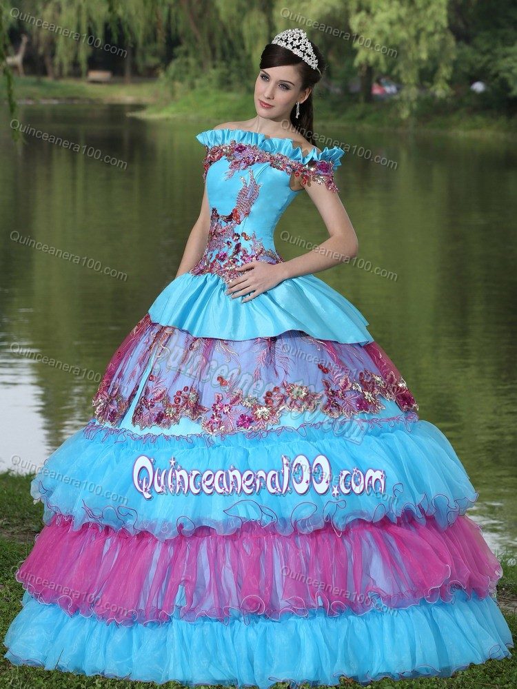 Off The Shoulder Appliqued Tiered Multi-color Quinceanera Dress