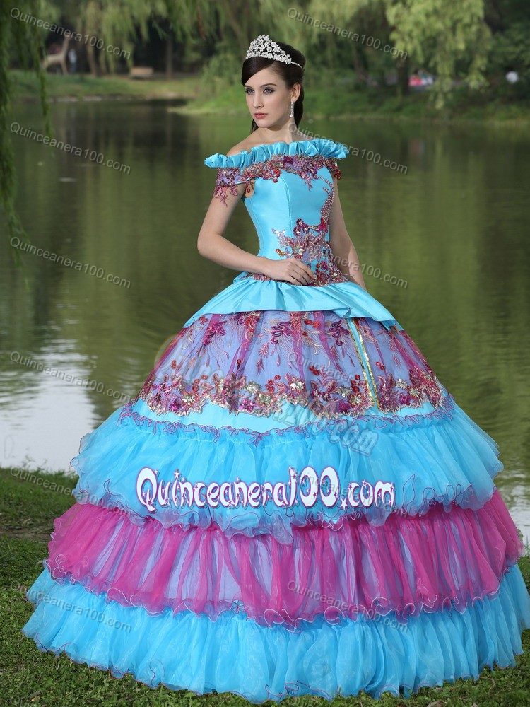 Off The Shoulder Appliqued Tiered Multi-color Quinceanera Dress