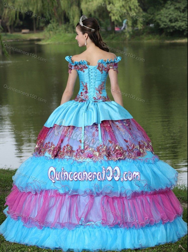 Off The Shoulder Appliqued Tiered Multi-color Quinceanera Dress