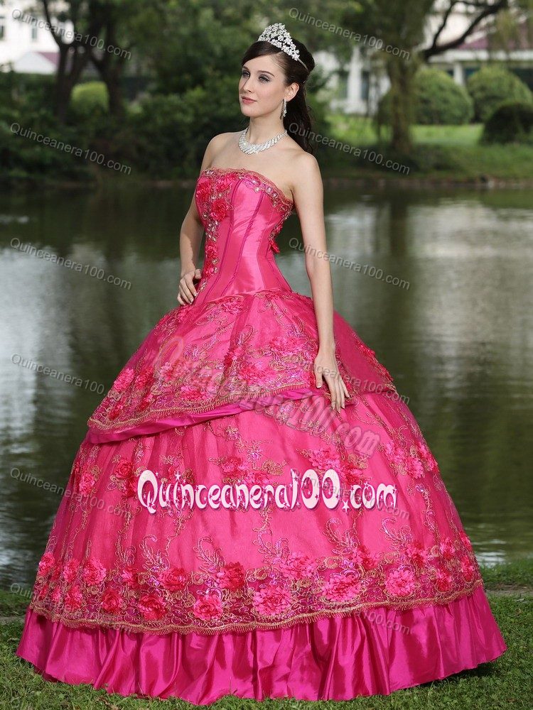 Cheap Strapless Flowers Appliqued Hot Pink Sweet 15 Dress