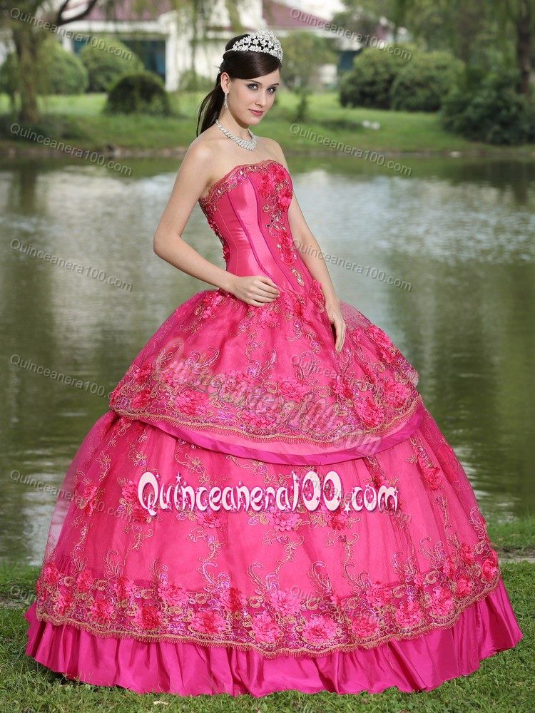 Cheap Strapless Flowers Appliqued Hot Pink Sweet 15 Dress