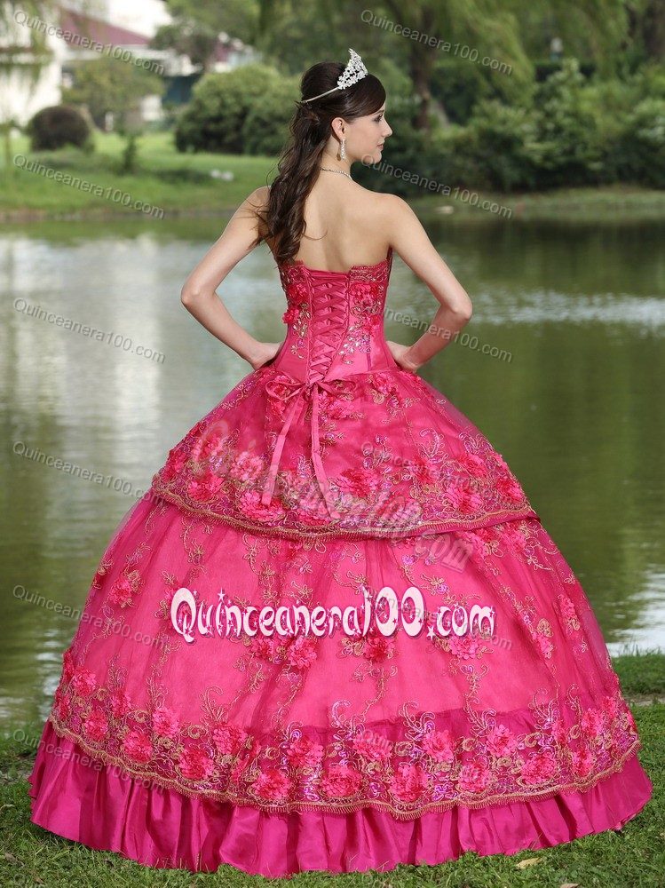 Cheap Strapless Flowers Appliqued Hot Pink Sweet 15 Dress