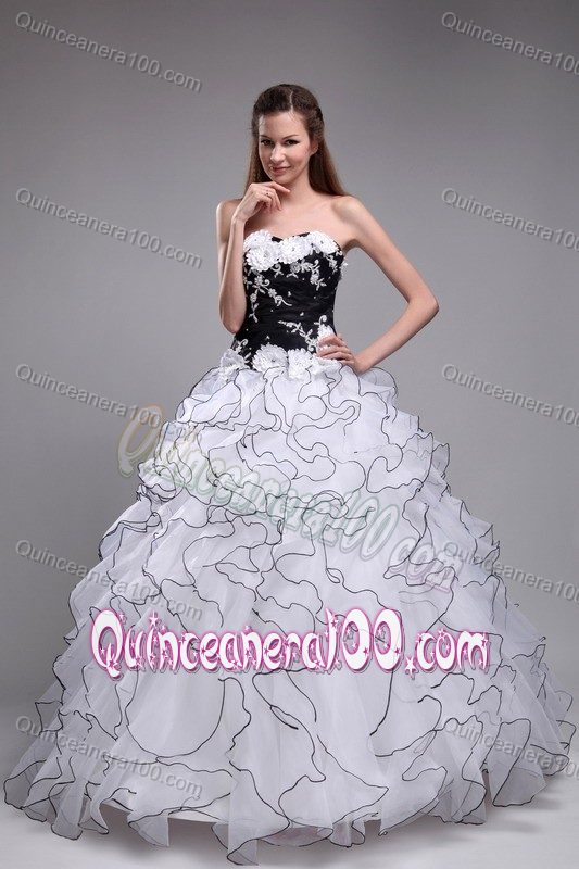 Trendy Flowers Appliqued White and Black Dress for Quinceanera