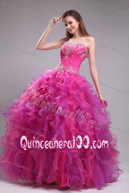 Snazzy Appliqued Ruffled Hot Pink Dress for Sweet 16 on Sale