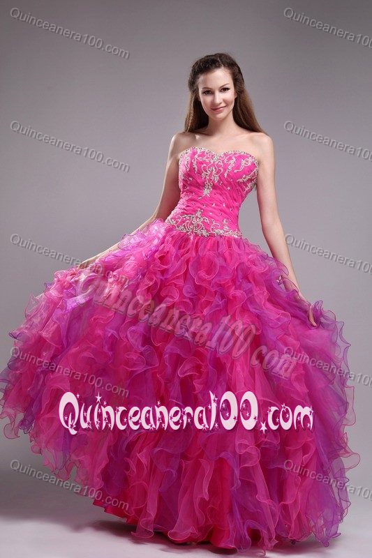 Snazzy Appliqued Ruffled Hot Pink Dress for Sweet 16 on Sale