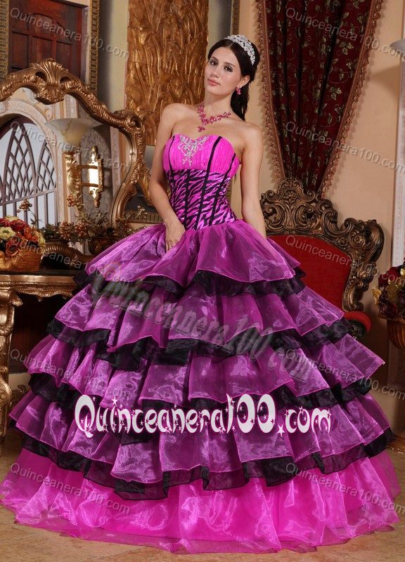 Pink And Black Quinceanera Dress In Organza And Zebra Print Fabric