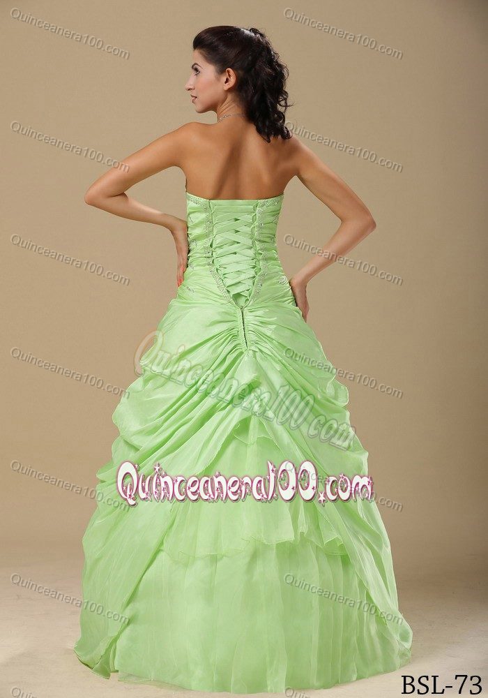 Organza Beaded Sweetheart Dress for a Quince Ruche in Apple Green