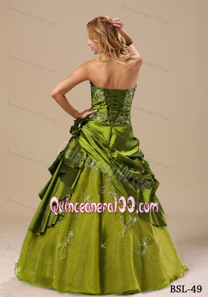 Olive Green Strapless Dresses for Quince Embroidery with Pick-ups