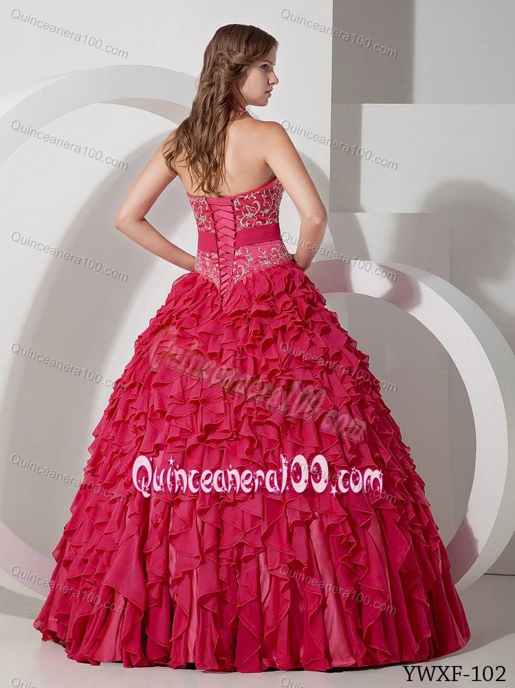 Halter Top Embroidery Dresses for Quince with Ruffled Layers in Red