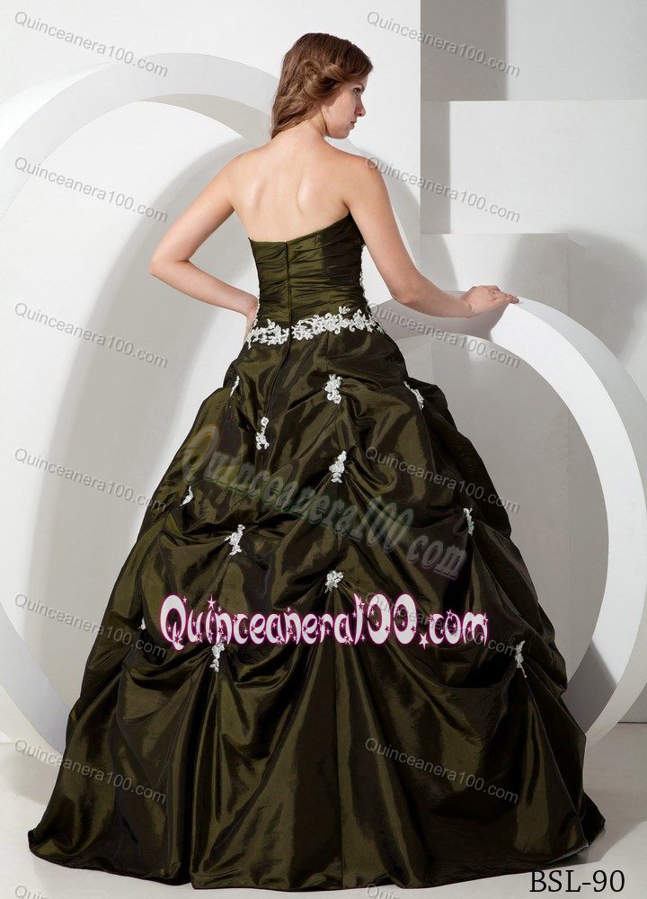 Dark Olive Green Quinceanera Dress with Appliques and Pick-ups