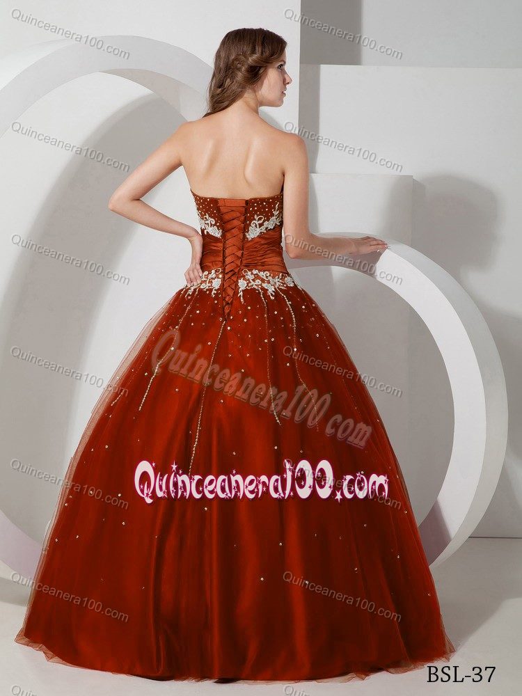 Rust Red Dropped Wasit Appliqued and Beaded Quinceanera Dress